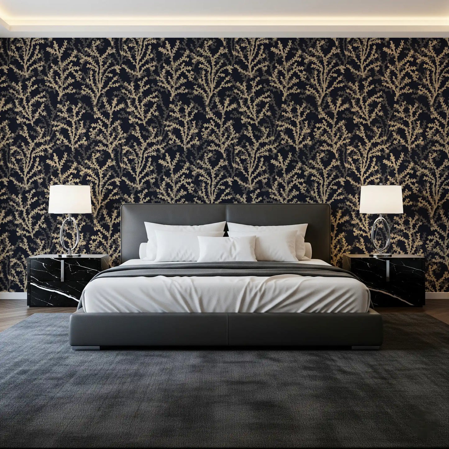 Bedroom backed by Painted Coraline Sand Dark navy coral wallpaper