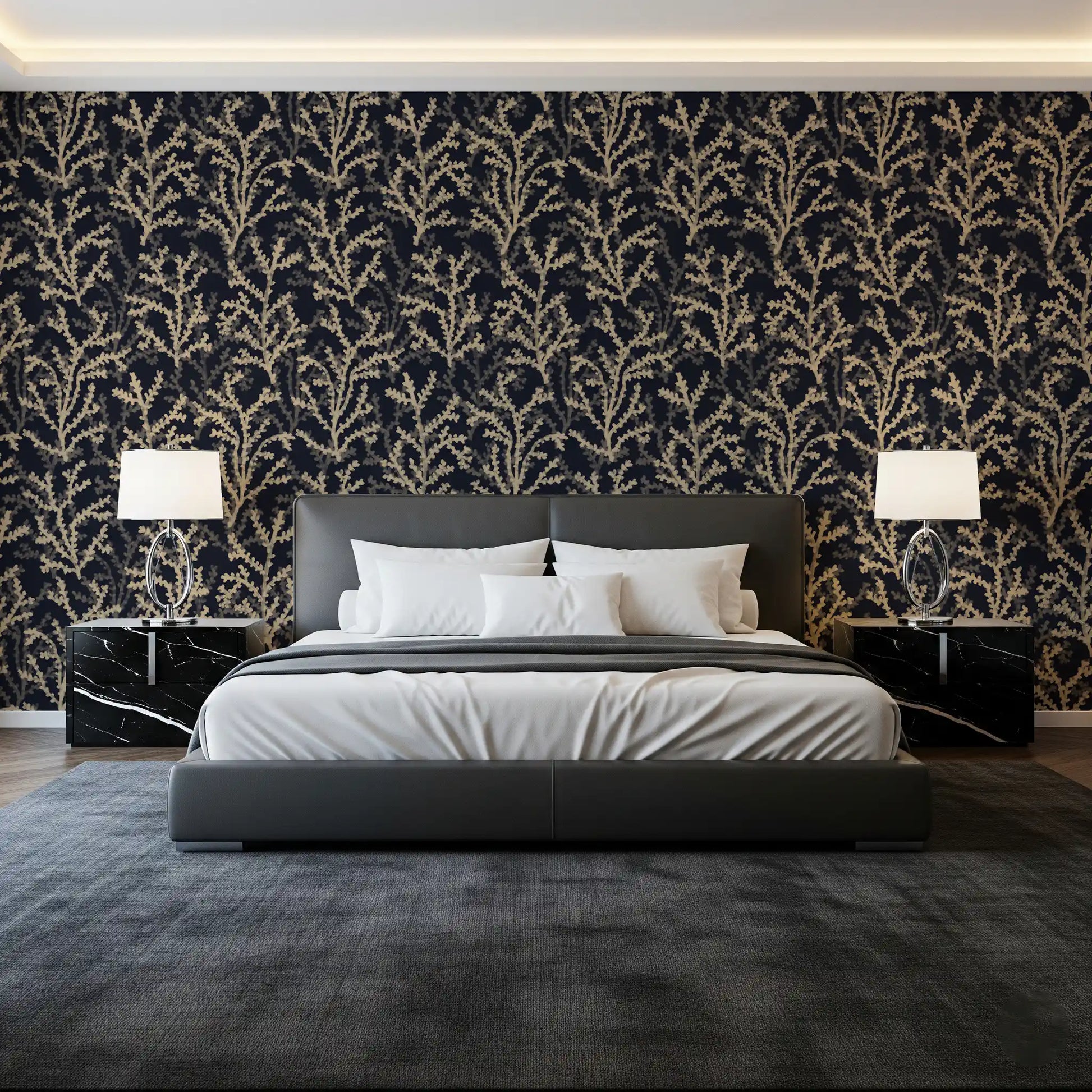 Bedroom backed by Painted Coraline Sand Dark navy coral wallpaper