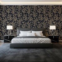 Bedroom backed by Painted Coraline Sand Dark navy coral wallpaper
