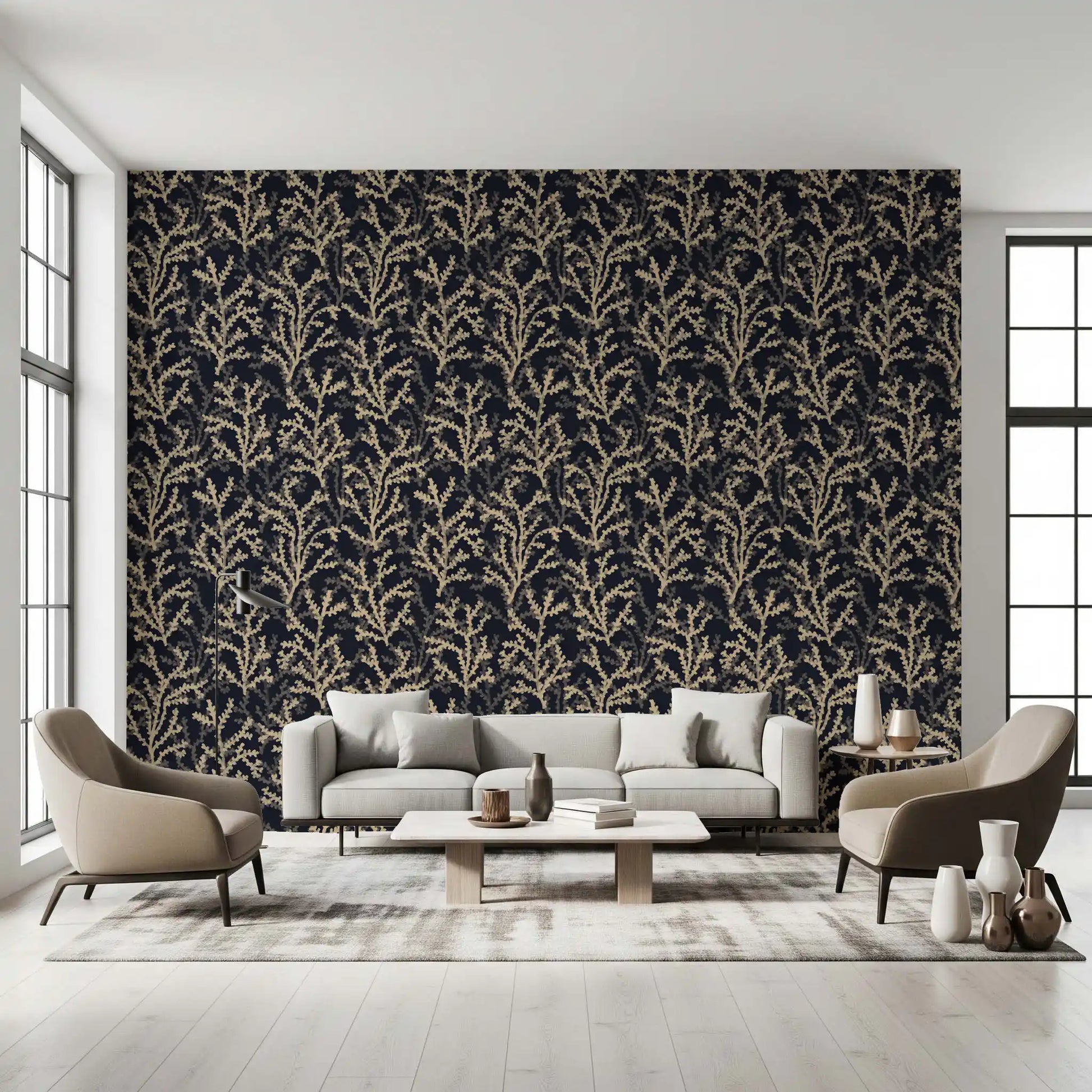 Coraline Sand Dark wallpaper with dense branching coral forms in sand tones