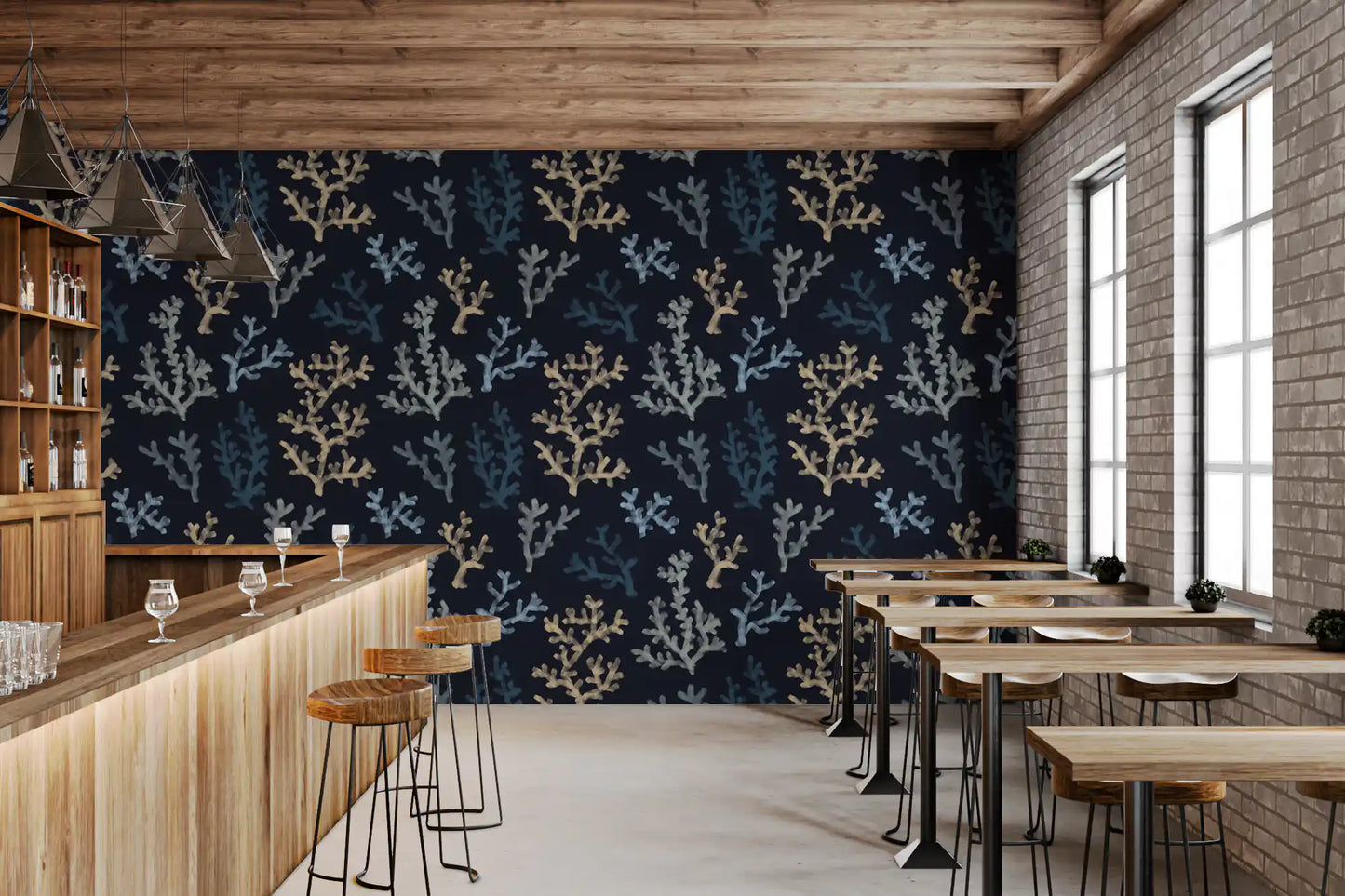 Beige and blue sea life motifs complete this cozy Café featuring the Painted wallpaper.