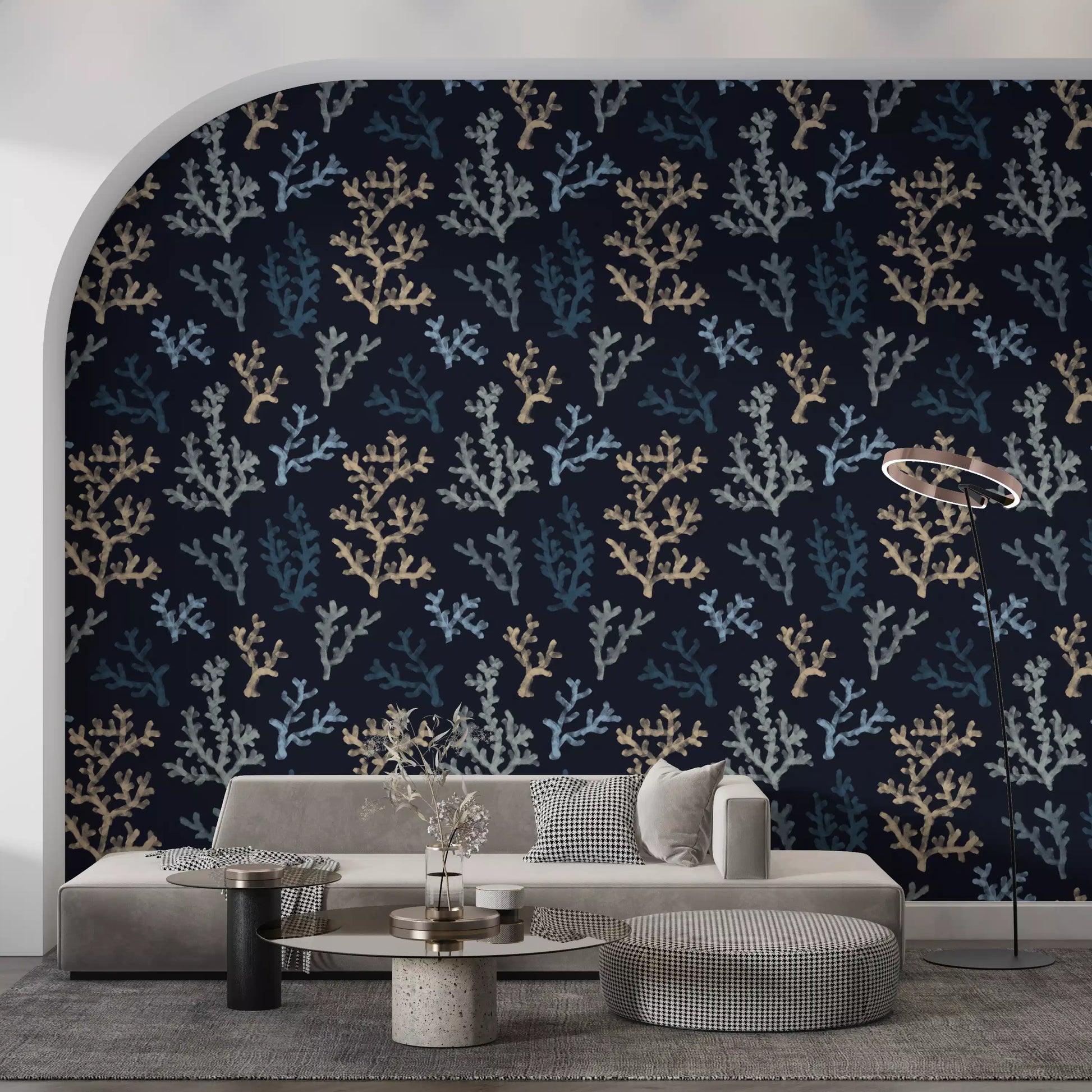 Light blue and tan ocean weave into the elegant Dark wallpaper.