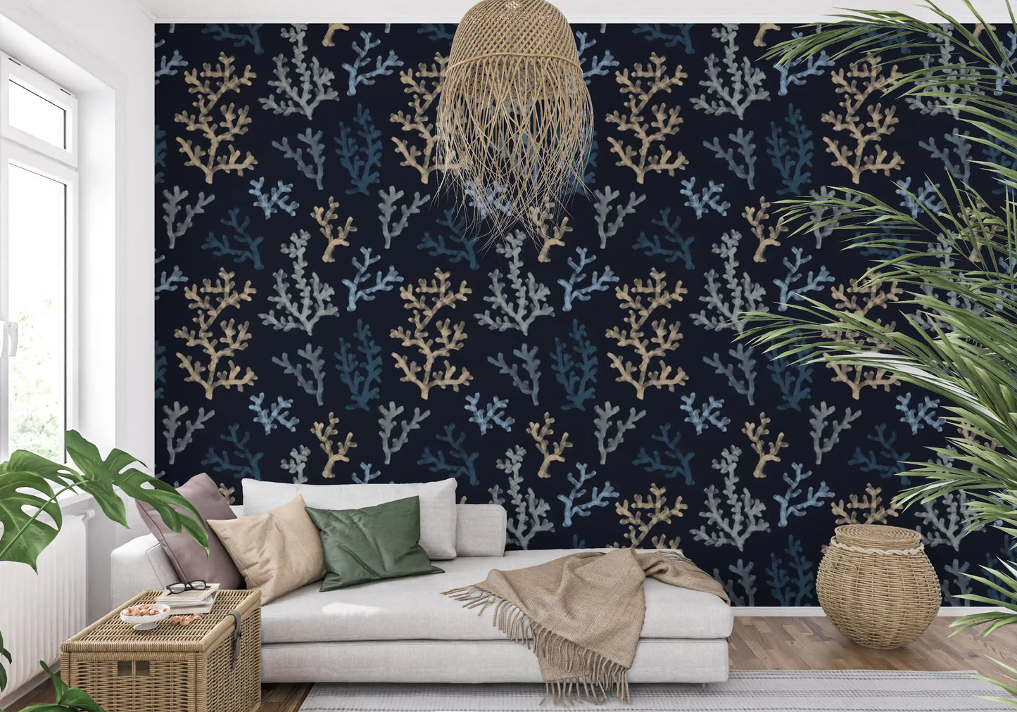 Underwater flora repeats throughout the Painted Corals Dark Wallpaper.