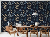 Deep navy botanical suit this dining room showing the Painted Corals Dark Wallpaper.