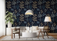 Warm lighting oceanic patterns in a Living room using Painted Corals Dark Wallpaper.