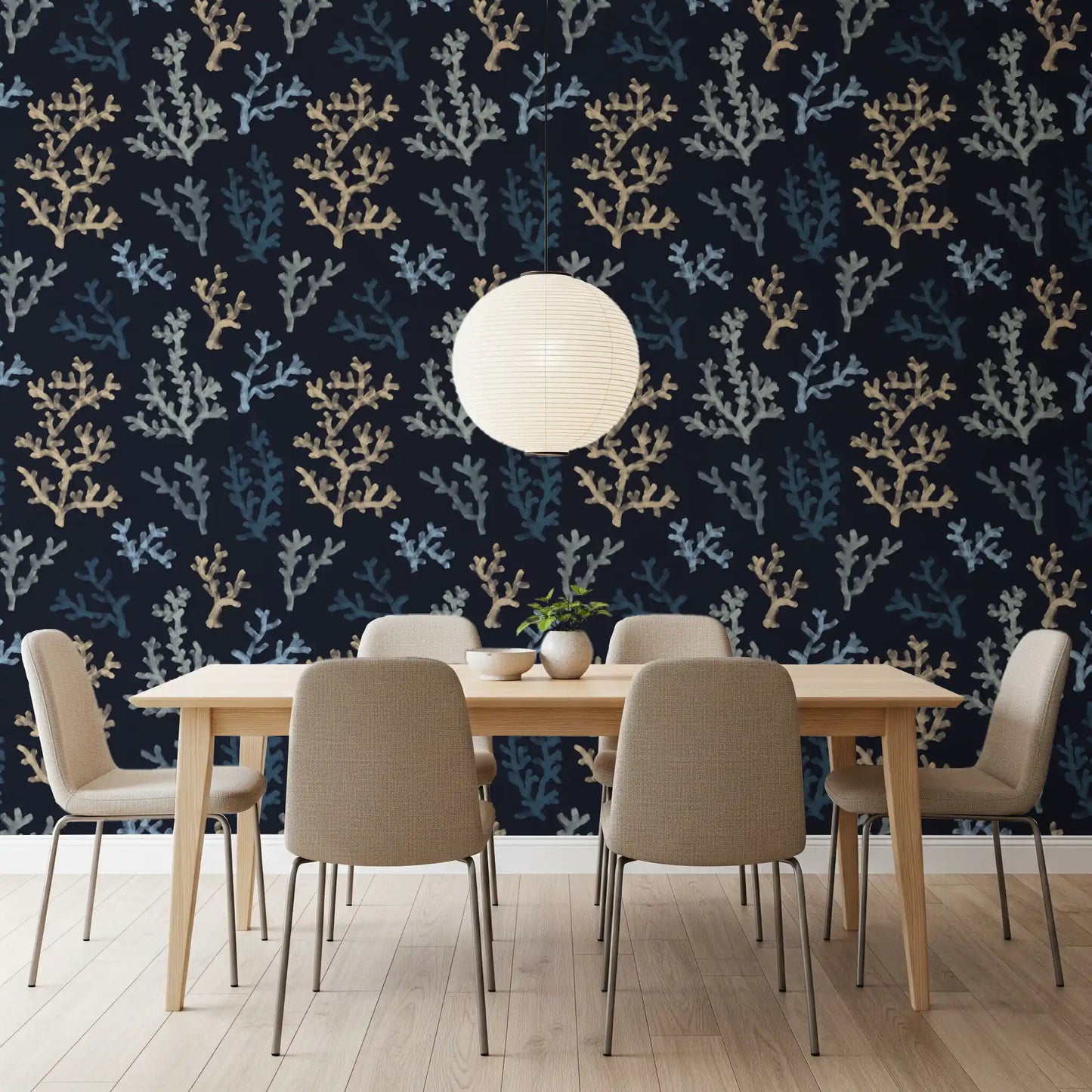 Guests relax inside a Dining room the unique Painted Corals Dark Wallpaper.