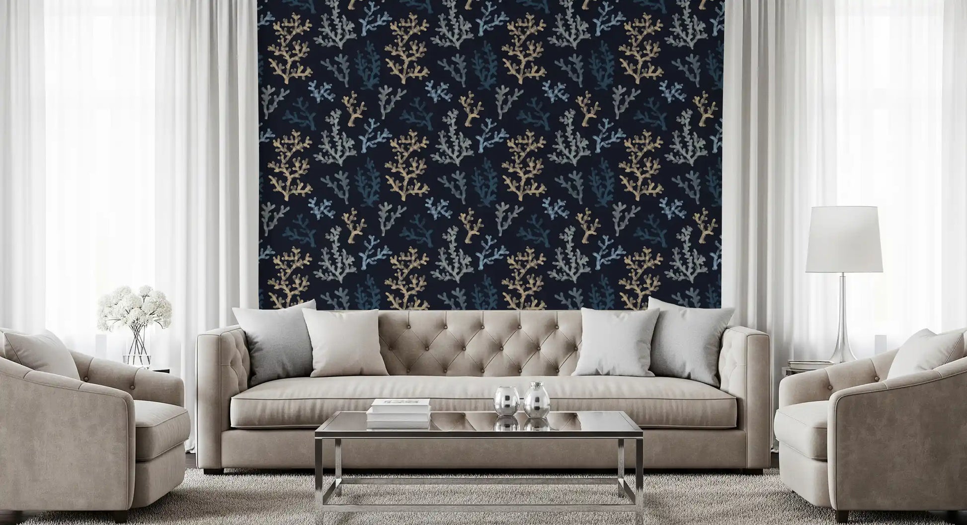 Deep indigo base tones lighter aquatic silhouettes on this Corals wallpaper.