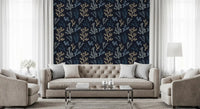 Deep indigo base tones lighter aquatic silhouettes on this Corals wallpaper.