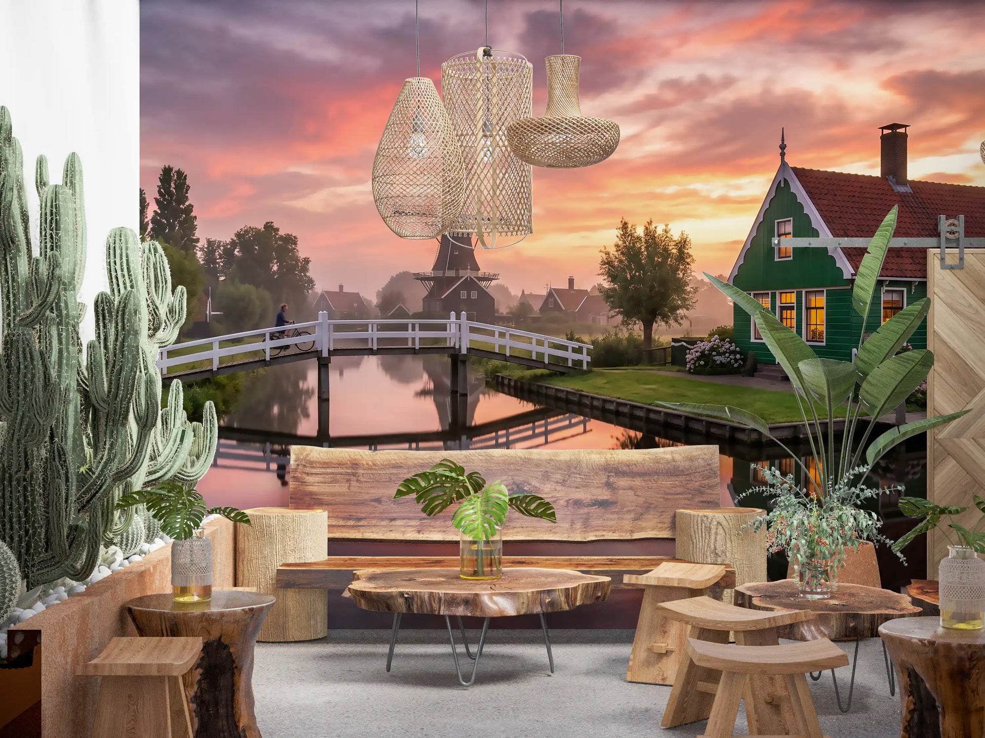 The Canal Glow at Dawn Wall Mural adds rural charm directly into the open Dining area