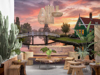 The Canal Glow at Dawn Wall Mural adds rural charm directly into the open Dining area