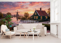 Scenery from the Dutch Dawn Serenity Wall Mural brightens a large lounge.