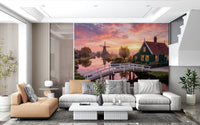 A white bridge arches over the canal in this Dutch Dawn Serenity Wall Mural.