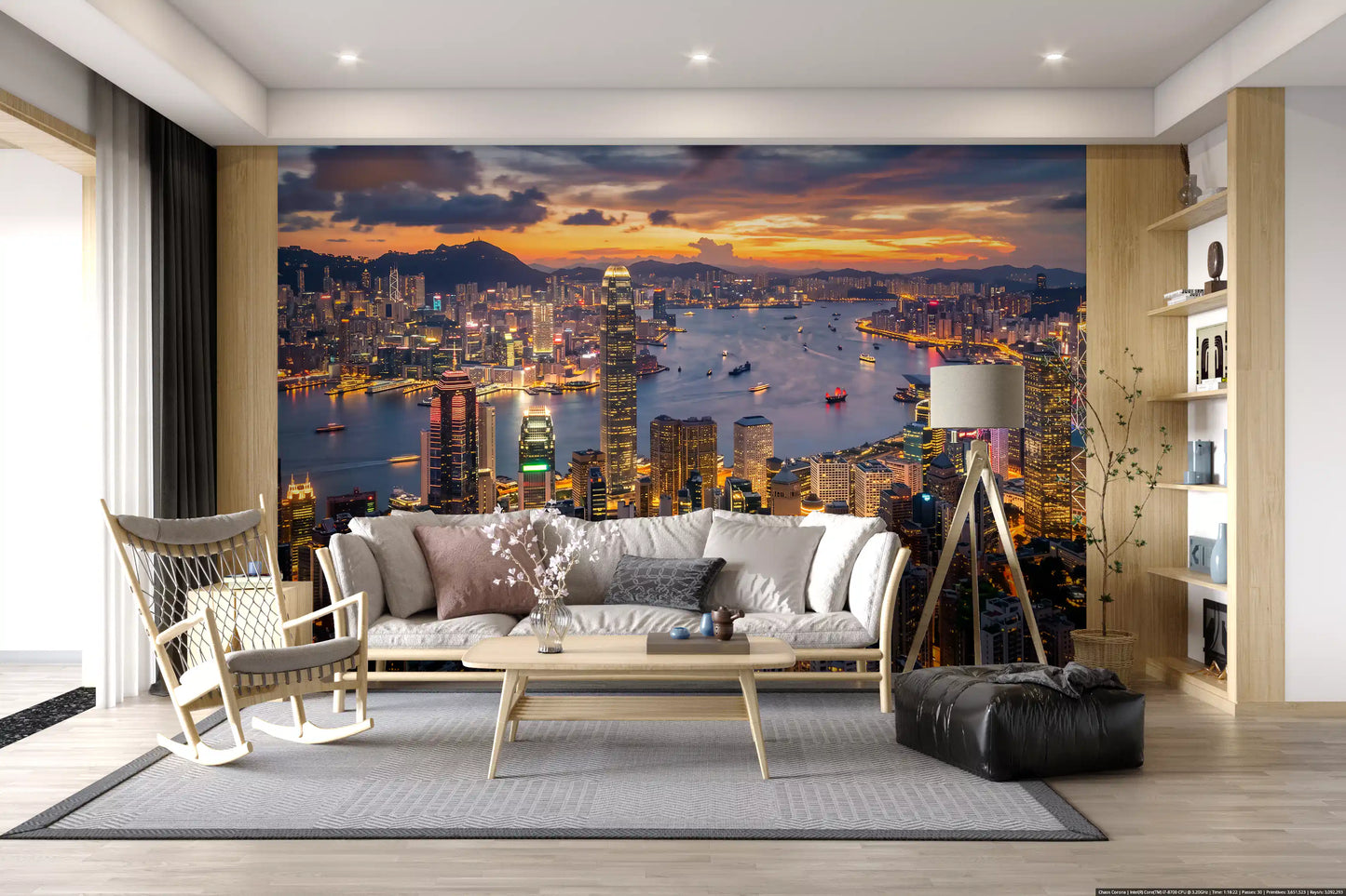 Living room interiors feature the glowing Hong Kong Twilight Skyline Wall Mural panorama.