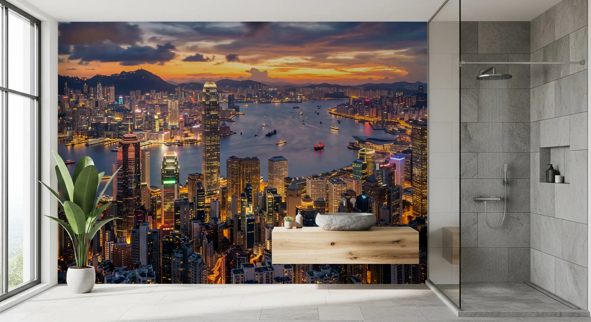 bathroom overlook a metropolis using the Twilight wall mural view.
