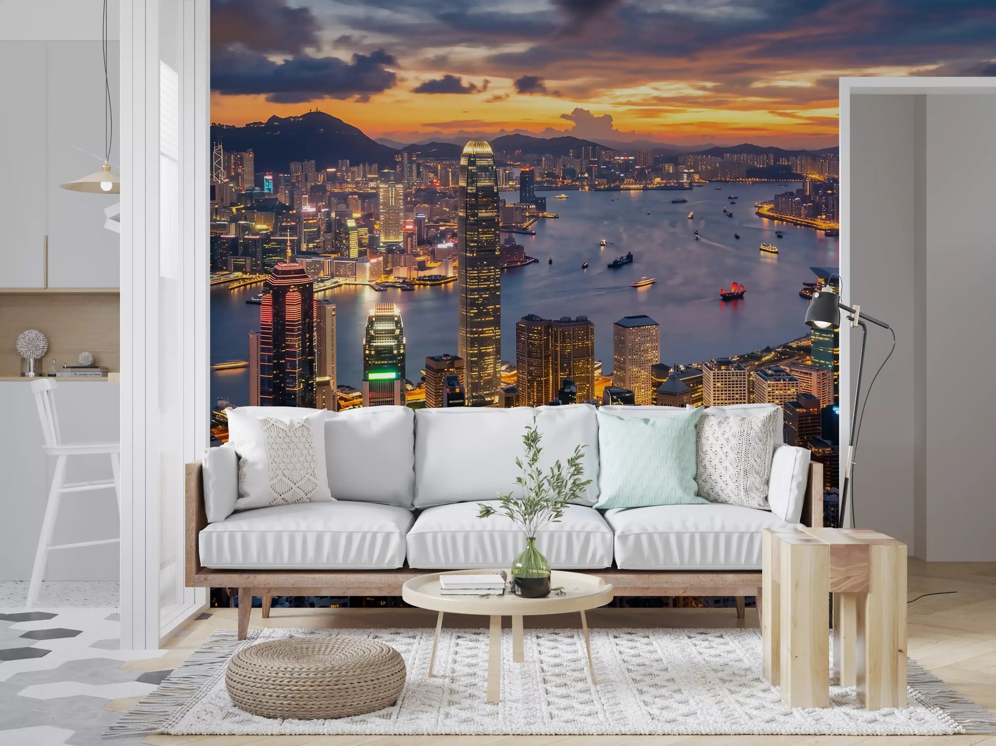 The Hong Kong Twilight Skyline Wall Mural completes a modern lounge with sleek seating.