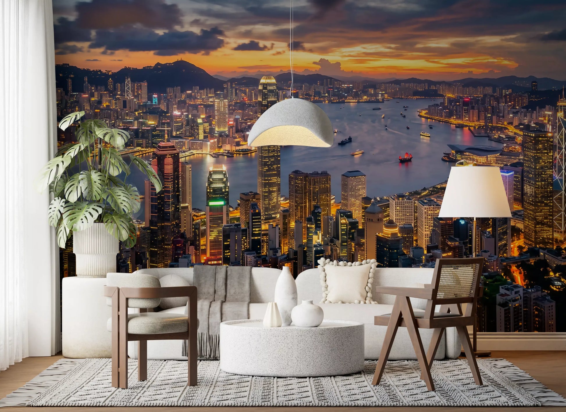 Orange evening clouds reflect onto the harbour waters within this Twilight wall mural.