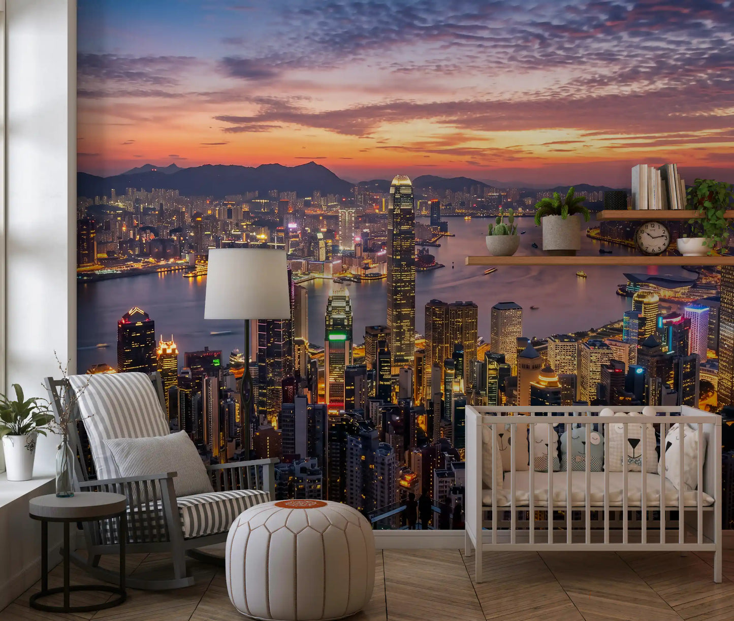 Golden sunset tones reflect across the water in our Victoria Harbour Twilight wall mural.