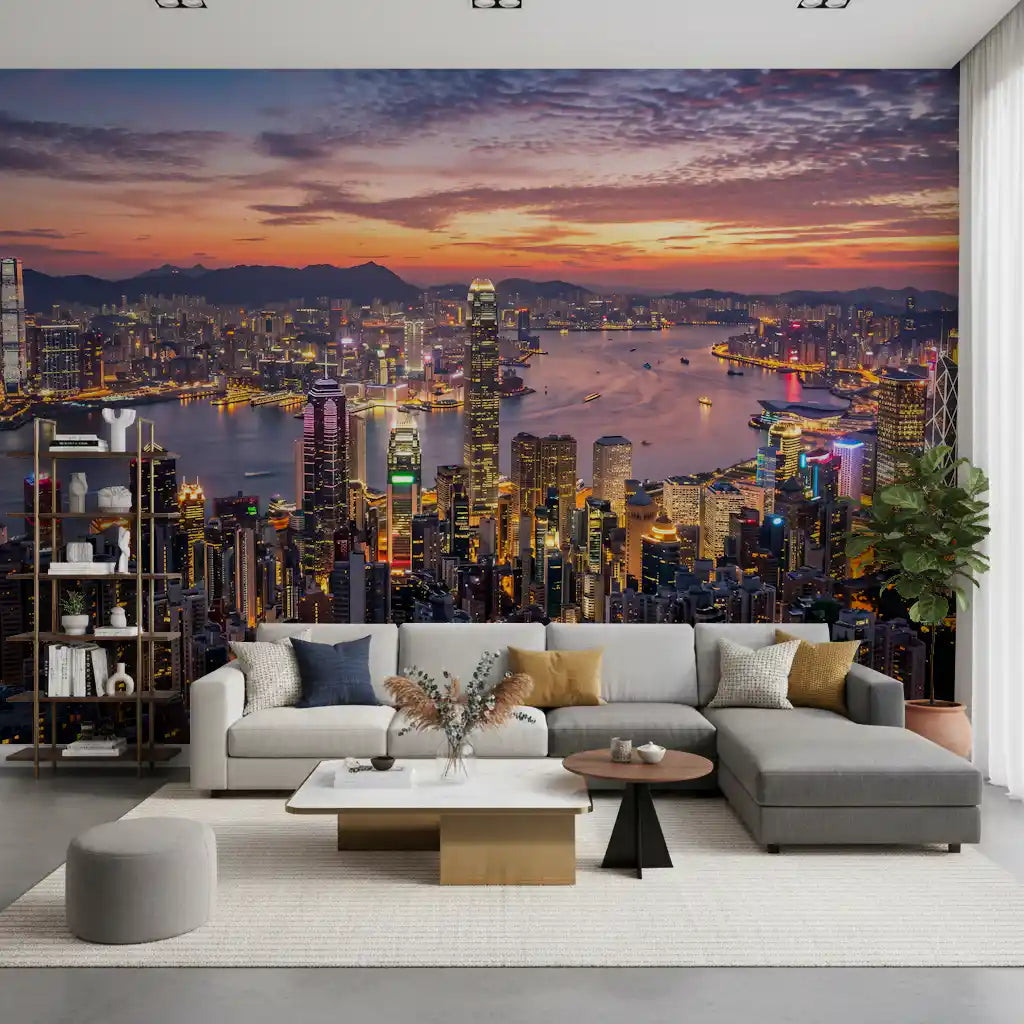 Wide living rooms display the complete Victoria Harbour Twilight wall mural perfectly.
