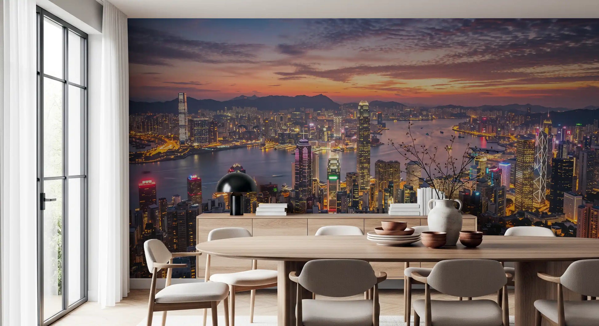 Dining room interiors pair beautifully with the vast Harbour wall mural.