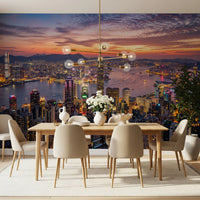 The Dining area layout integrates the Victoria Harbour Twilight wall mural seamlessly.