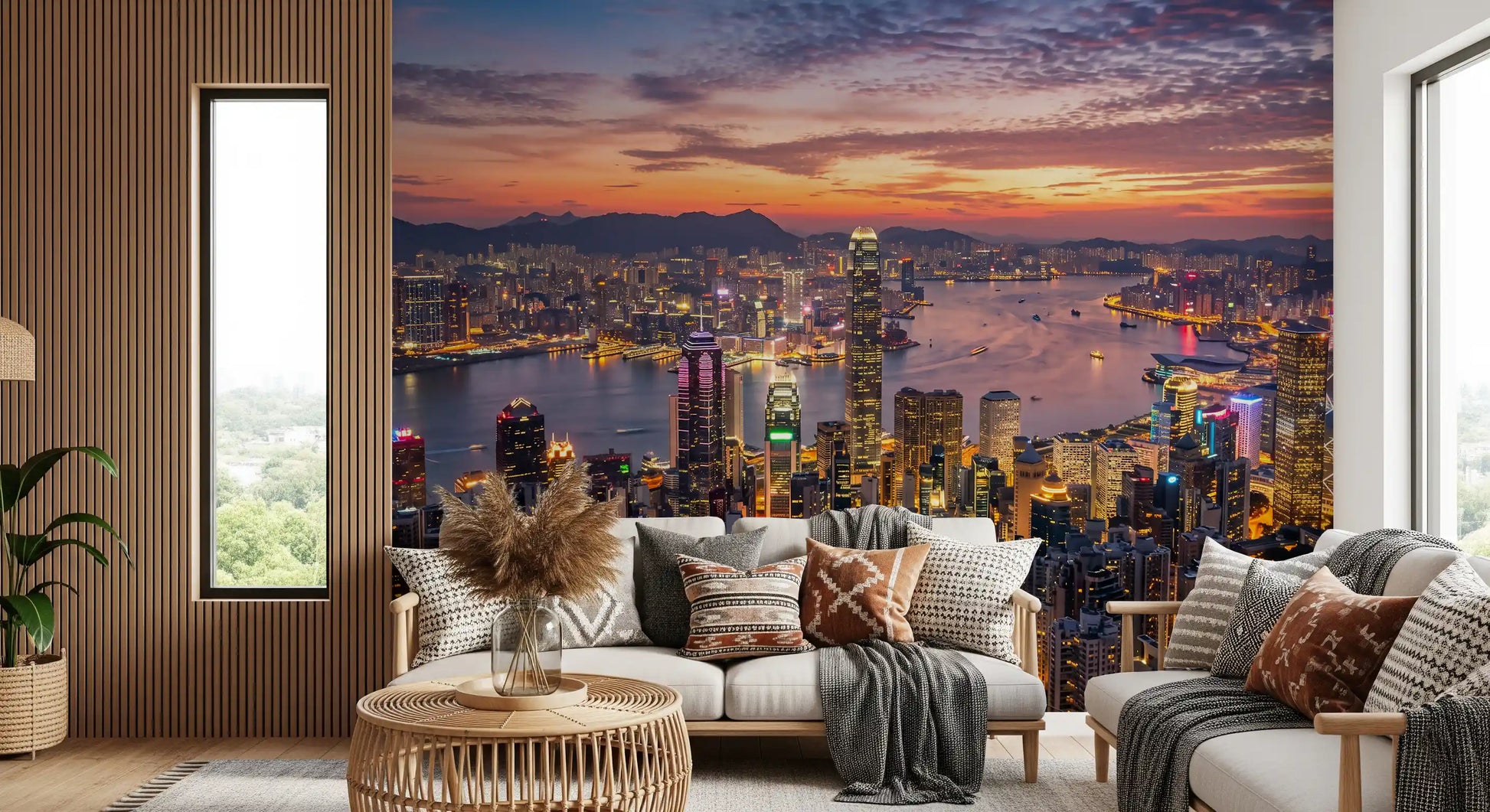 Modern Lounge area spaces utilise the colourful Twilight wall mural skyline.