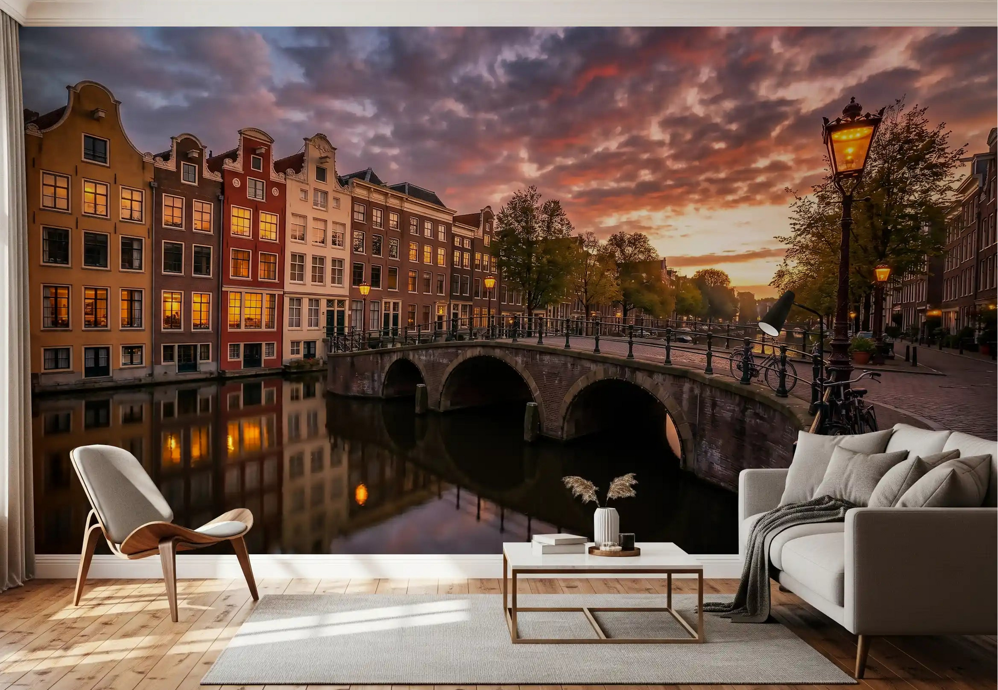 Evening shadows suit the Golden Hour Amsterdam Canal wall mural in this living room.