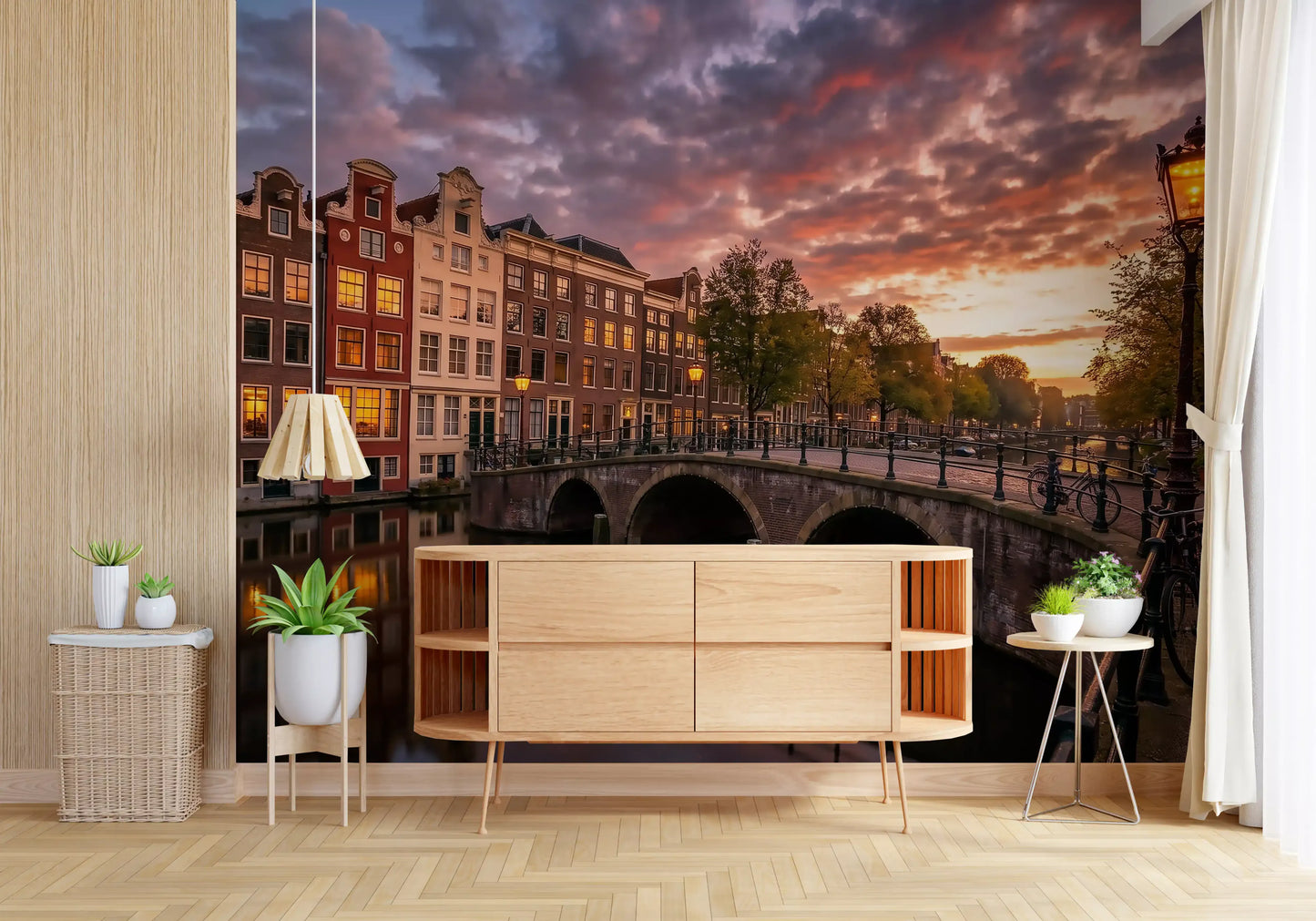 A minimalist entryway layout highlights sunset colours from the Golden Hour wall mural.