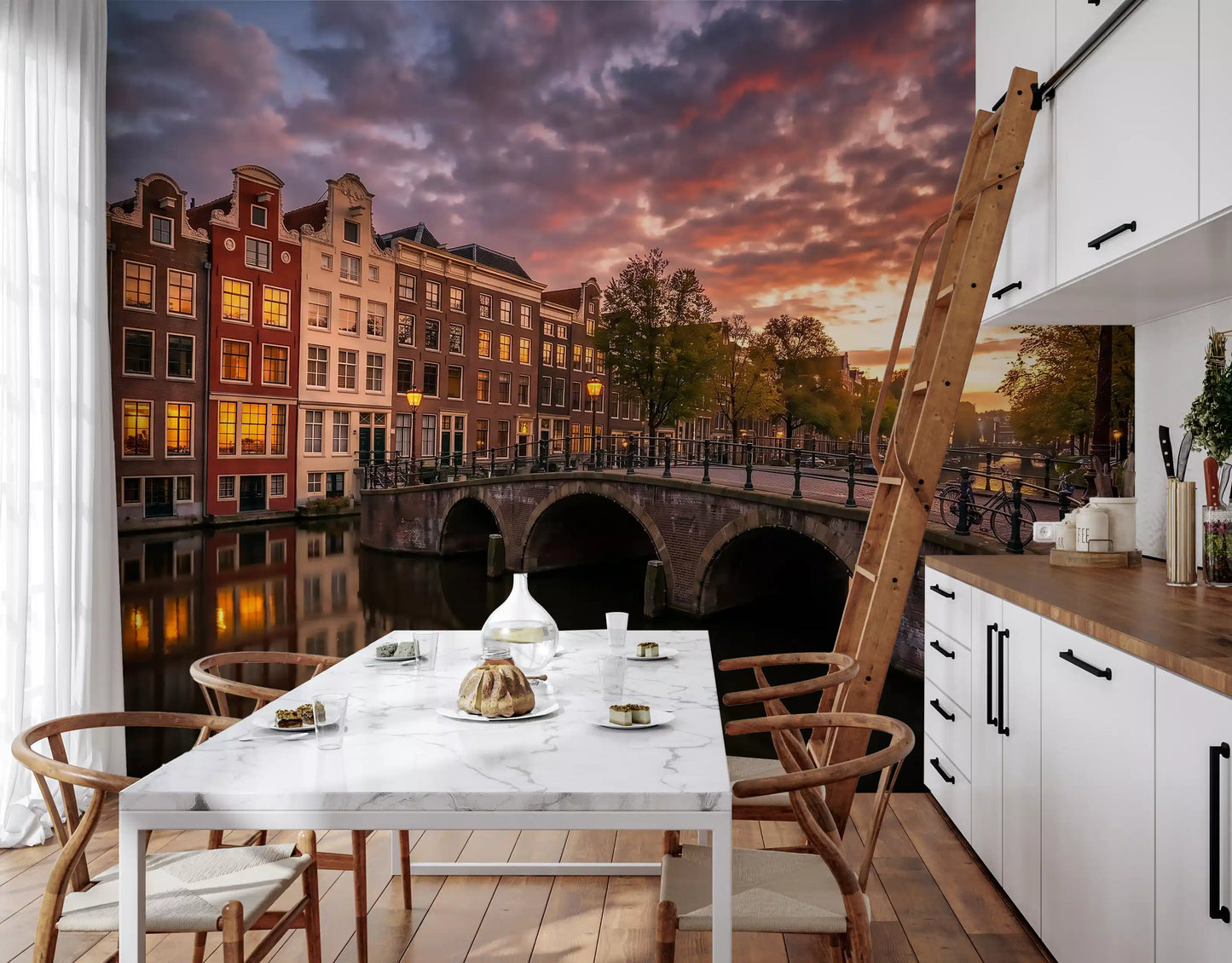 Warm timber flooring suits the Amsterdam wall mural installed across the dining room.