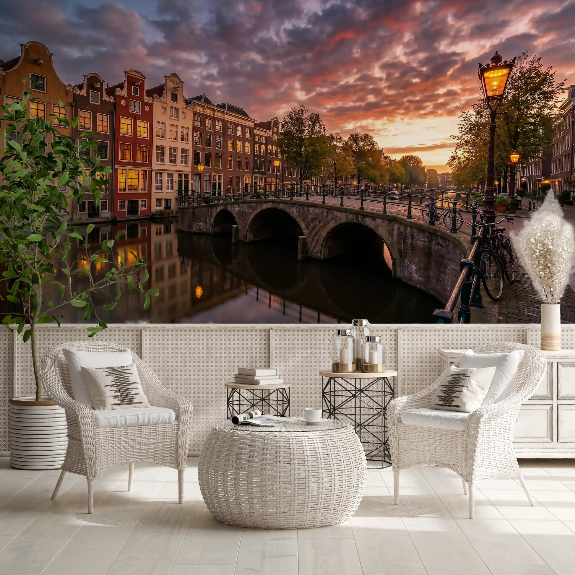 Vibrant sunset clouds float over houses in the Golden Hour Amsterdam Canal wall mural.