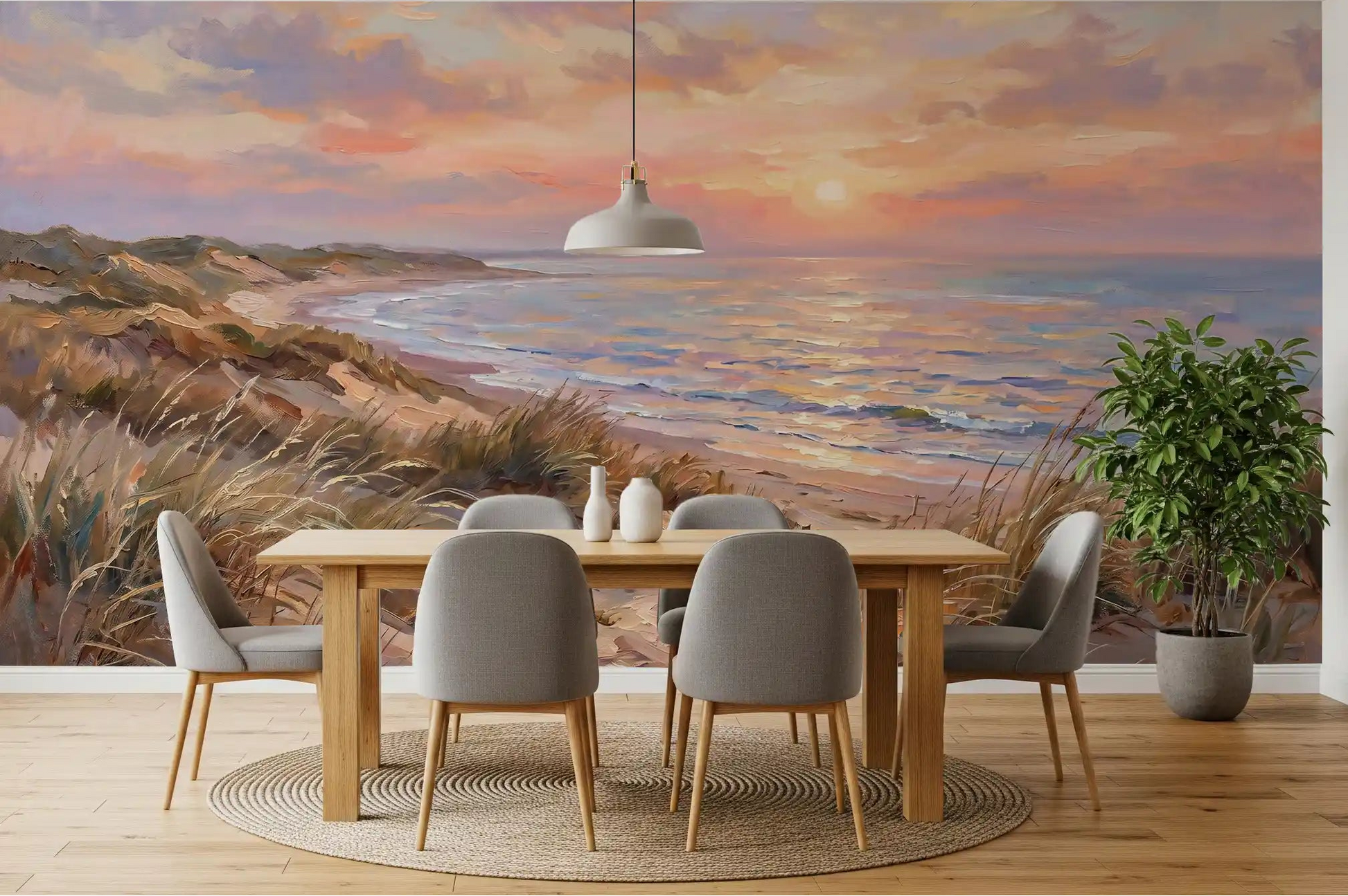 Daylight fills this modern dining room featuring the Dune Serenity at Golden Hour Wall Mural
