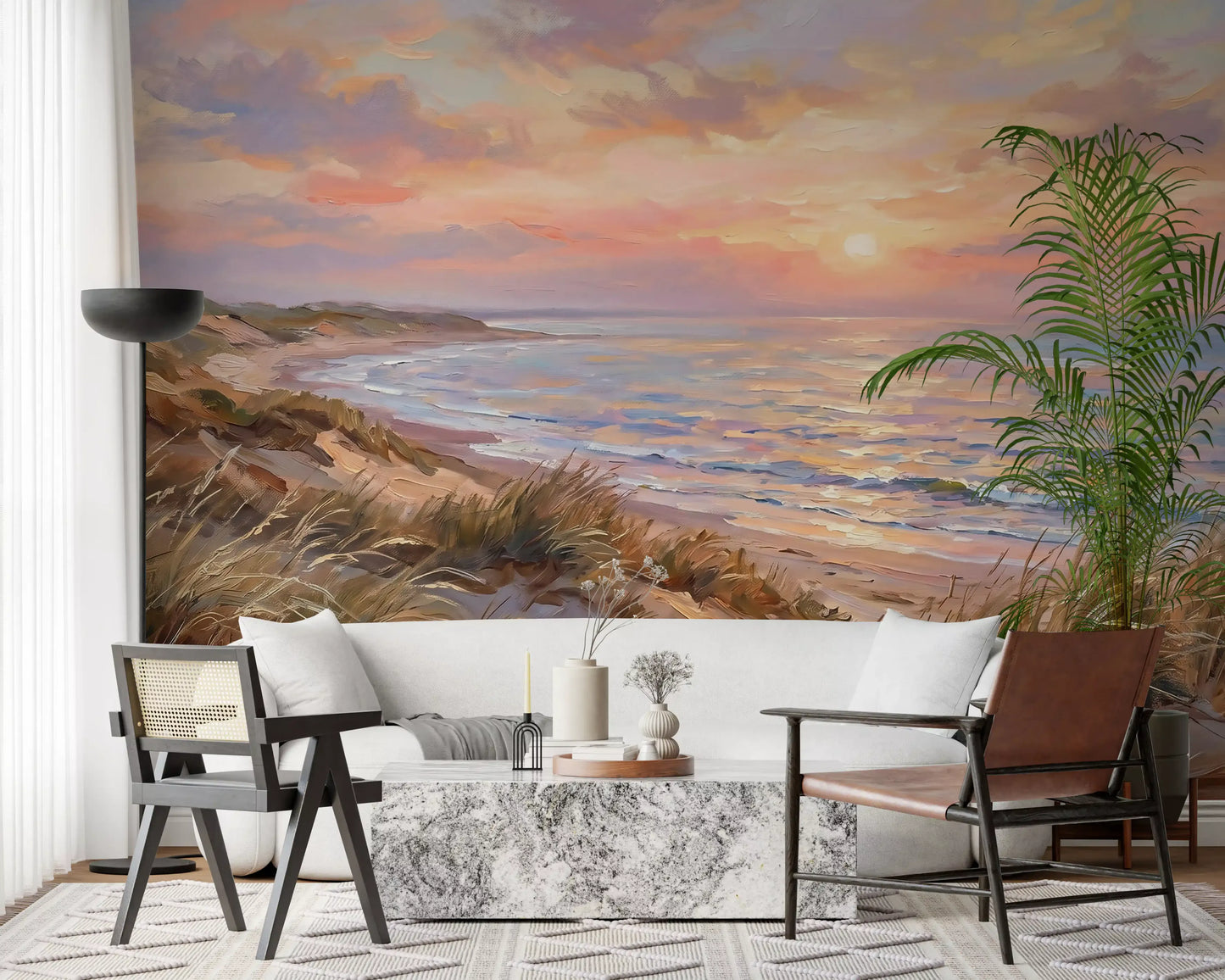 Gentle ocean waves break quietly throughout the Dune Serenity at Golden Hour Wall Mural