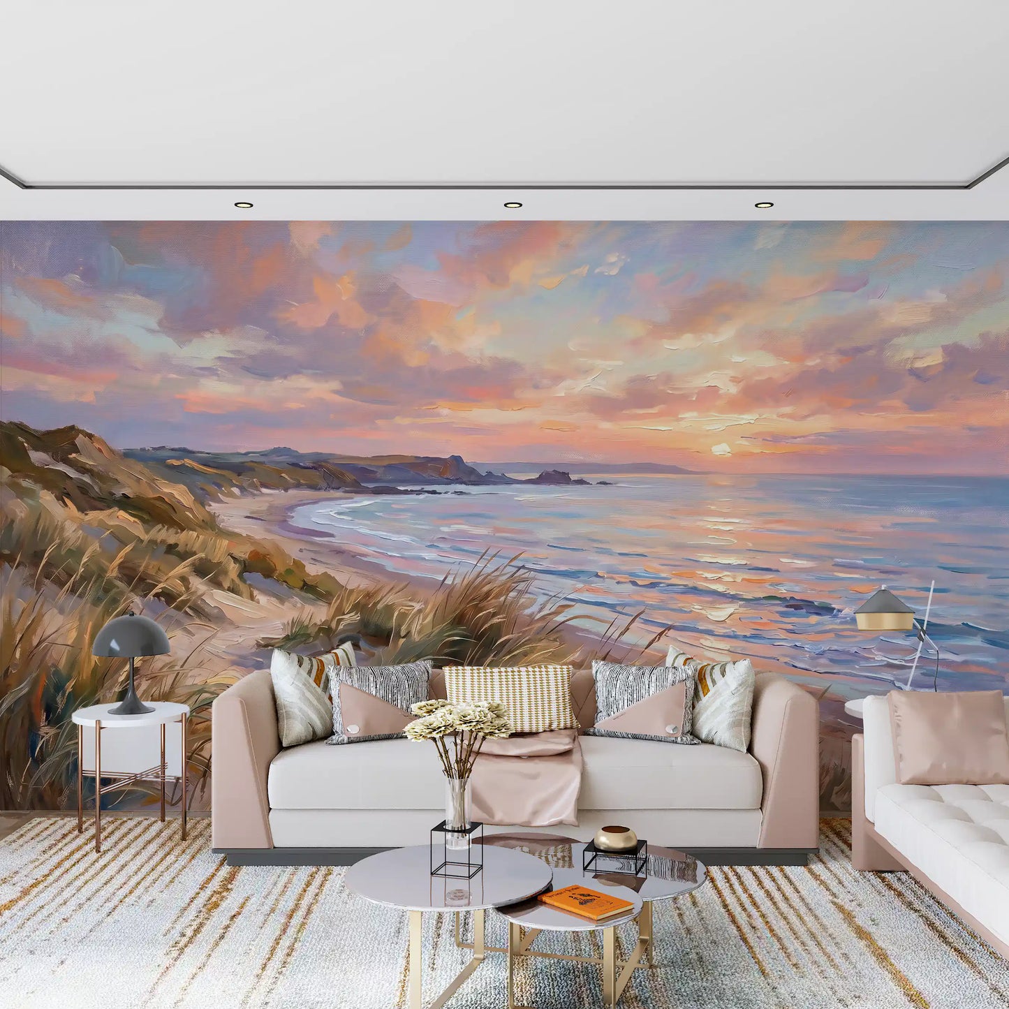 Living room area beside the Golden Hour Coastal Escape Wall Mural.
