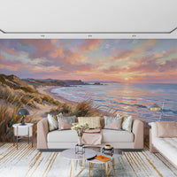 Living room area beside the Golden Hour Coastal Escape Wall Mural.
