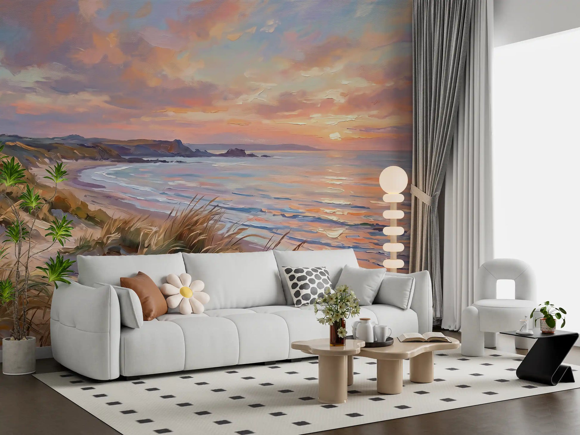 Pink skies reflect brilliantly across the water on this Coastal wall mural.