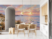 Dining room in a restaurant face the expansive Golden wall mural.