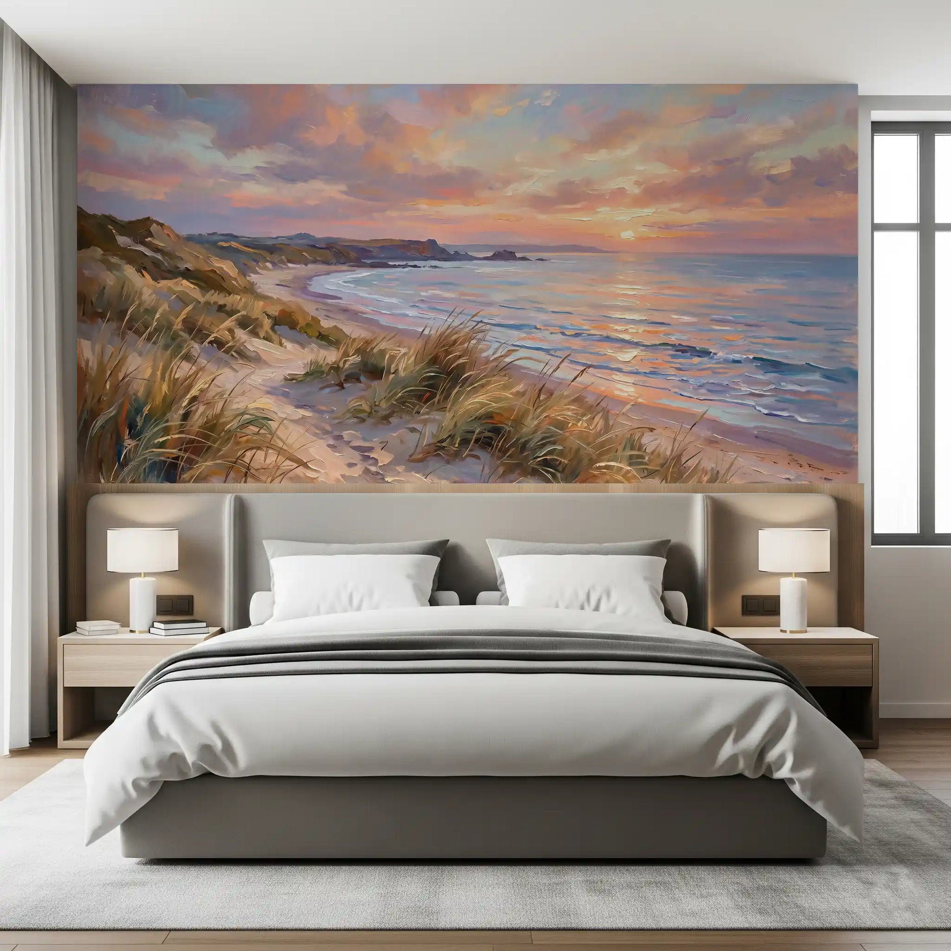 Sunlight highlights the Escape wall mural behind a comfortable Bedroom  sofa.