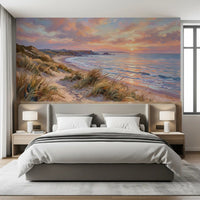Sunlight highlights the Escape wall mural behind a comfortable Bedroom  sofa.