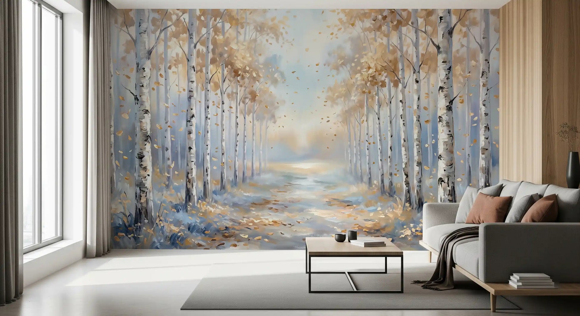 Grey modular Living room against the warm Golden wall mural backdrop perfectly.