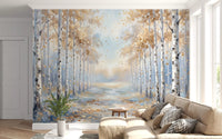 autumn leaves drift slowly downwards across the intricate Birch wall mural layout.
