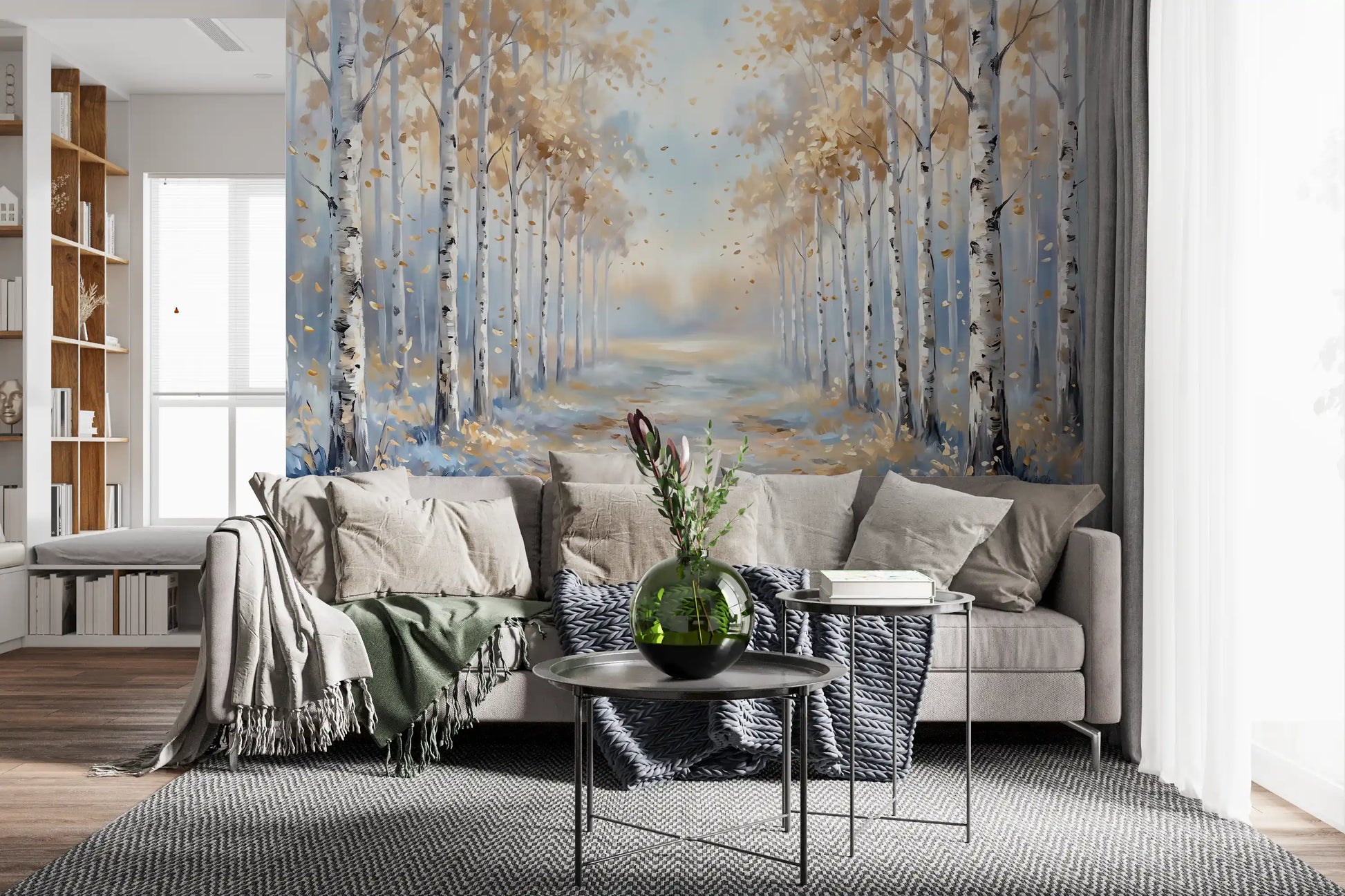 Golden Birch Path Wall Mural displays tall white trees fading into a misty horizon.