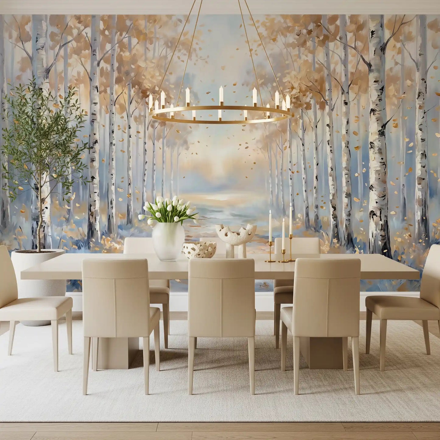 Dining room incorporates the Birch wall mural behind a cozy white fabric sofa.