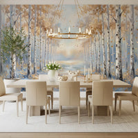 Dining room incorporates the Birch wall mural behind a cozy white fabric sofa.