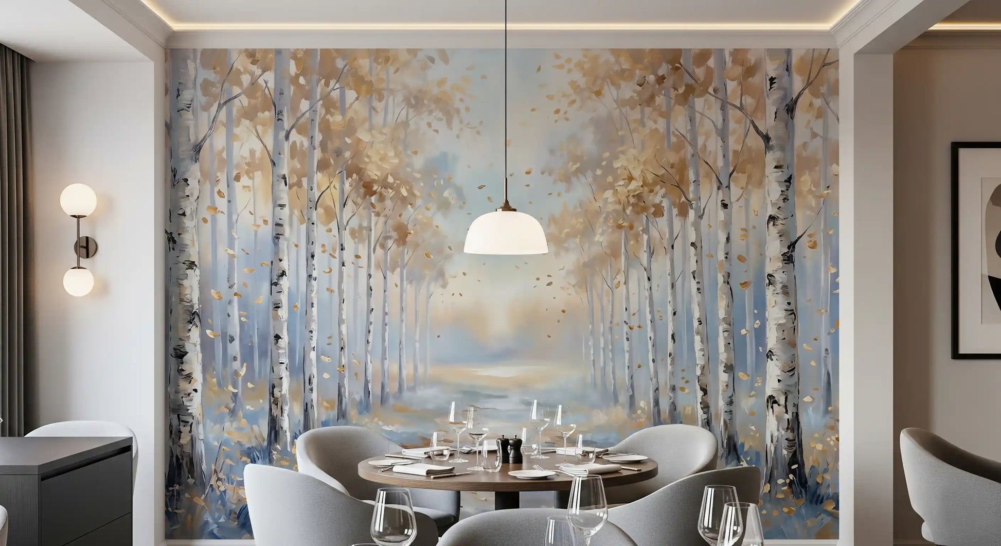 Warm wooden dining chairs face the autumn woodland theme of our Golden wall mural.