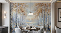 Warm wooden dining chairs face the autumn woodland theme of our Golden wall mural.