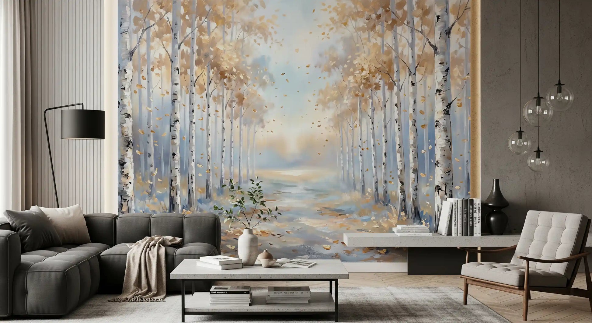 A modern round table centers a Living room bordered by the tranquil Path wall mural.