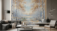 A modern round table centers a Living room bordered by the tranquil Path wall mural.