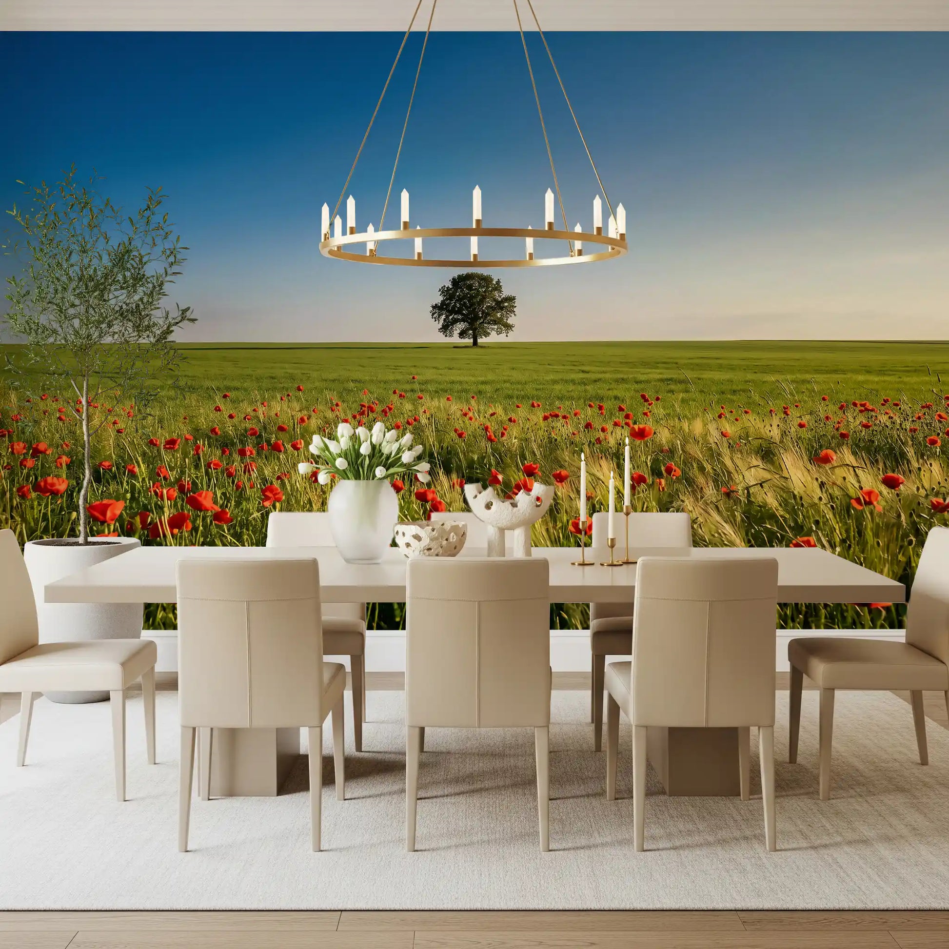 Sunlight fills the dining area where a colourful Vibrant wall mural rests.