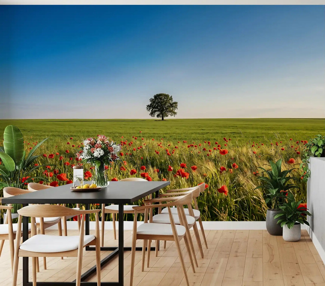 A spacious Dining room displays the expansive Vibrant Meadow Horizon Wall Mural.