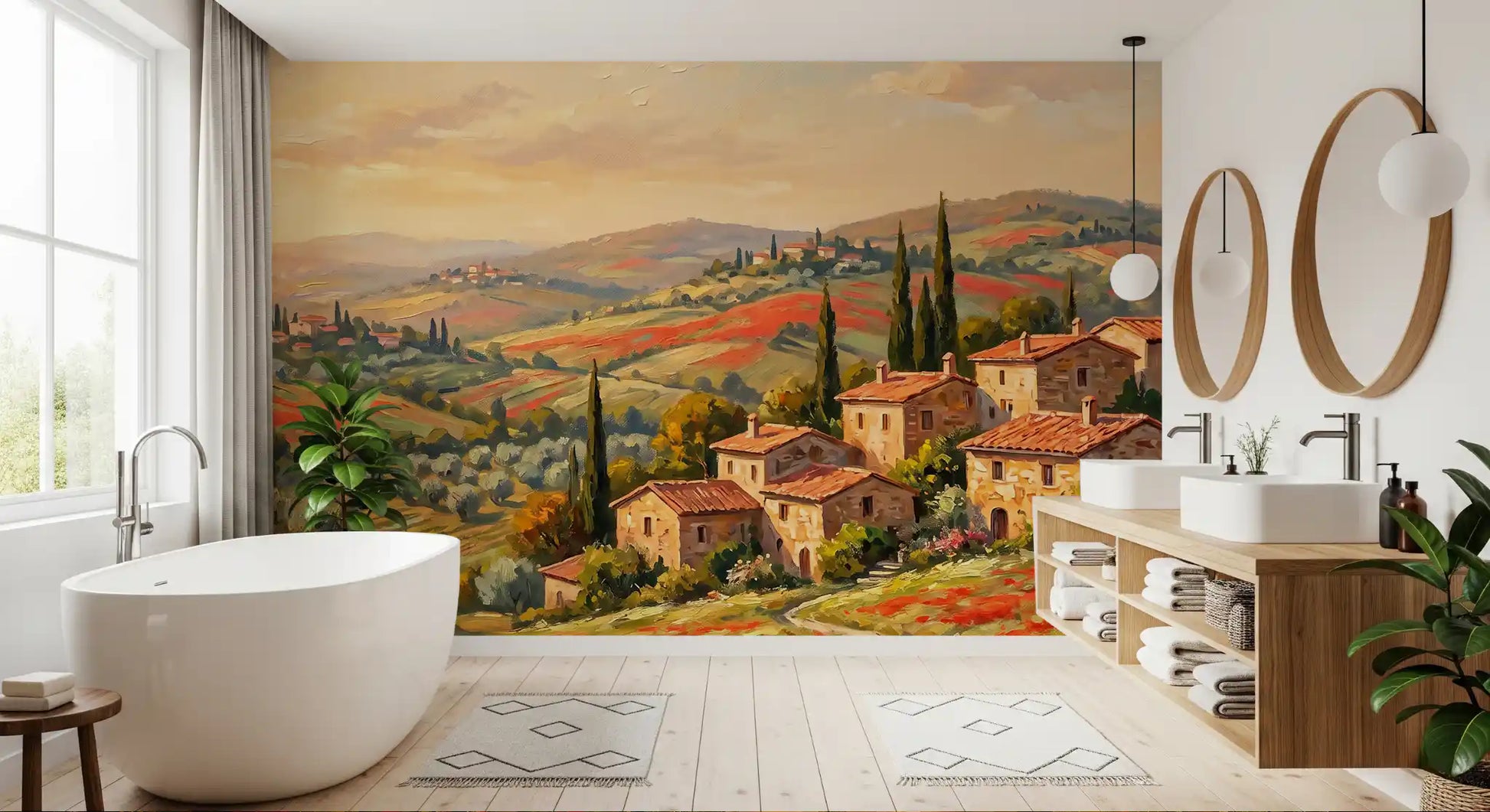 Olive groves and stone villas mark a Bathroom with Tuscan Poppy wall mural depth