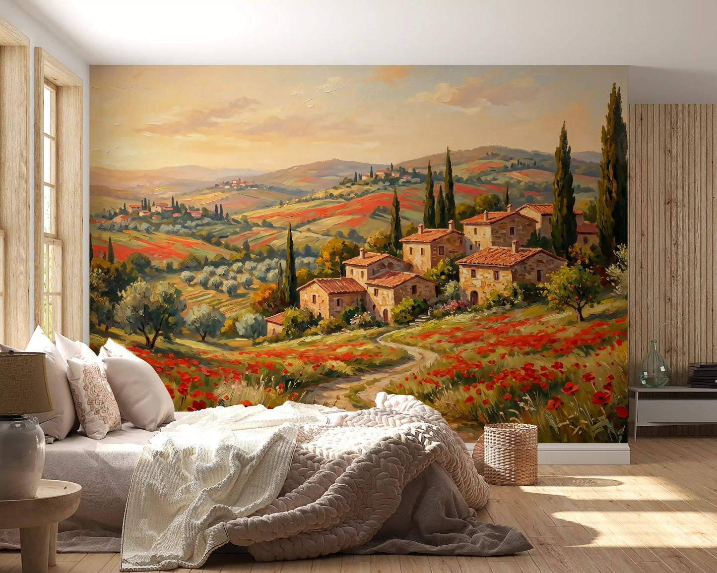 Golden meadows rise toward terracotta rooftops, Tuscan wall mural for a Bedroom
